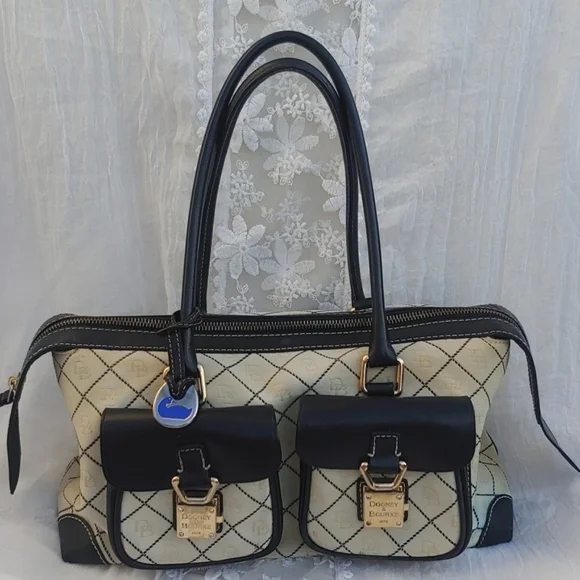 Dooney & Bourke Classic Cream Signature Canvas and Black Leather Baguette Bag - Picture 4 of 17